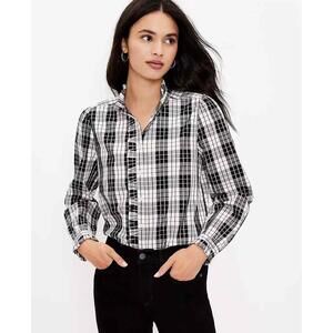 Ann Taylor LOFT Women’s Plaid Ruffle Shirt in Black/White-Size Medium